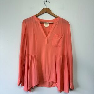 Maeve Anthropologie Coral Pink Babydoll Blouse Long Sleeve Rayon Top Size 8‎